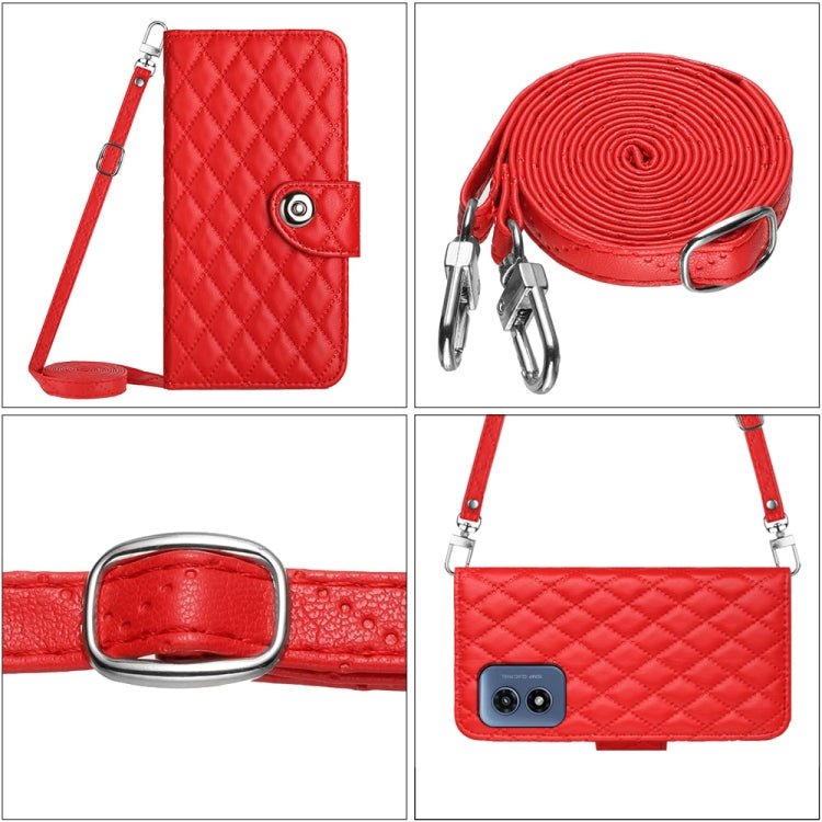 For Motorola Moto G Play 4G 2024 Rhombic Texture Flip Leather Phone Case with Long Lanyard(Red) - Motorola Cases by buy2fix | Online Shopping UK | buy2fix