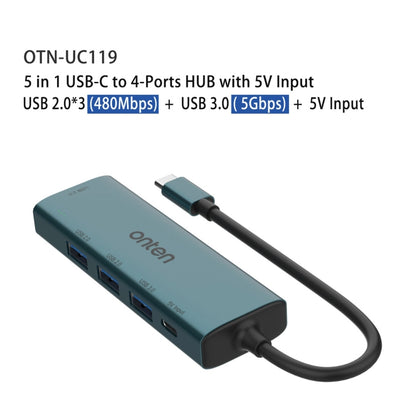 Onten UC119 5 in 1 USB-C / Type-C to USB 4-Ports USB HUB with 5V Input - USB HUB by Onten | Online Shopping UK | buy2fix