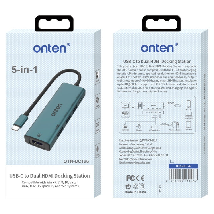 Onten UC126 5 in 1 USB-C / Type-C to Dual HDM I+ USB2.0 + PD3.0 Multi-function HUB Docking Station - USB HUB by Onten | Online Shopping UK | buy2fix