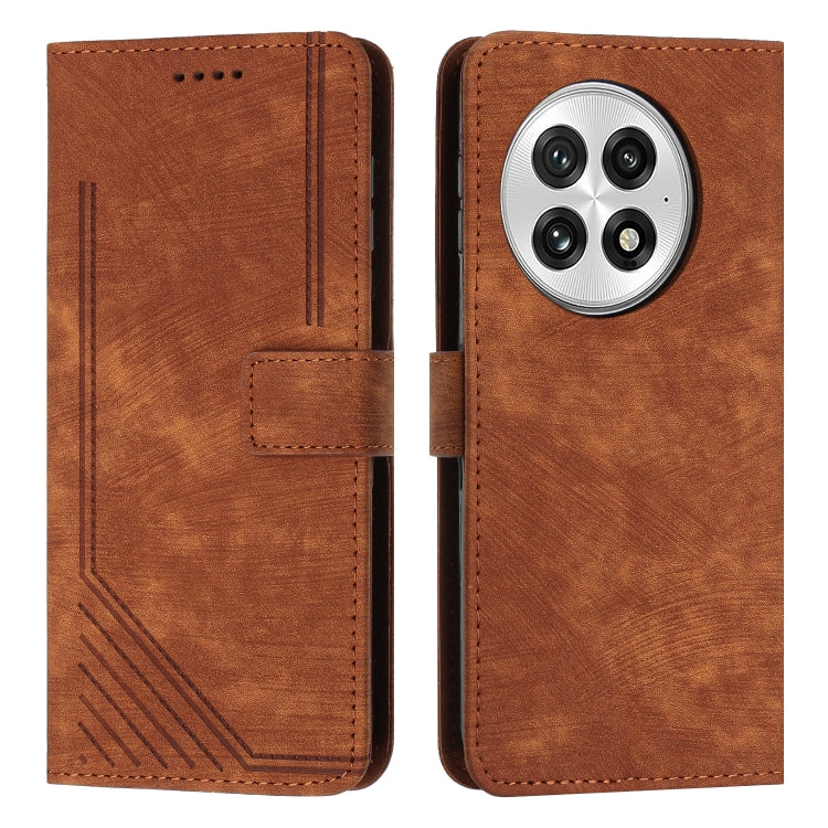 For OnePlus 13 Skin Feel Stripe Pattern Leather Phone Case with Lanyard(Brown) - OnePlus Cases by buy2fix | Online Shopping UK | buy2fix