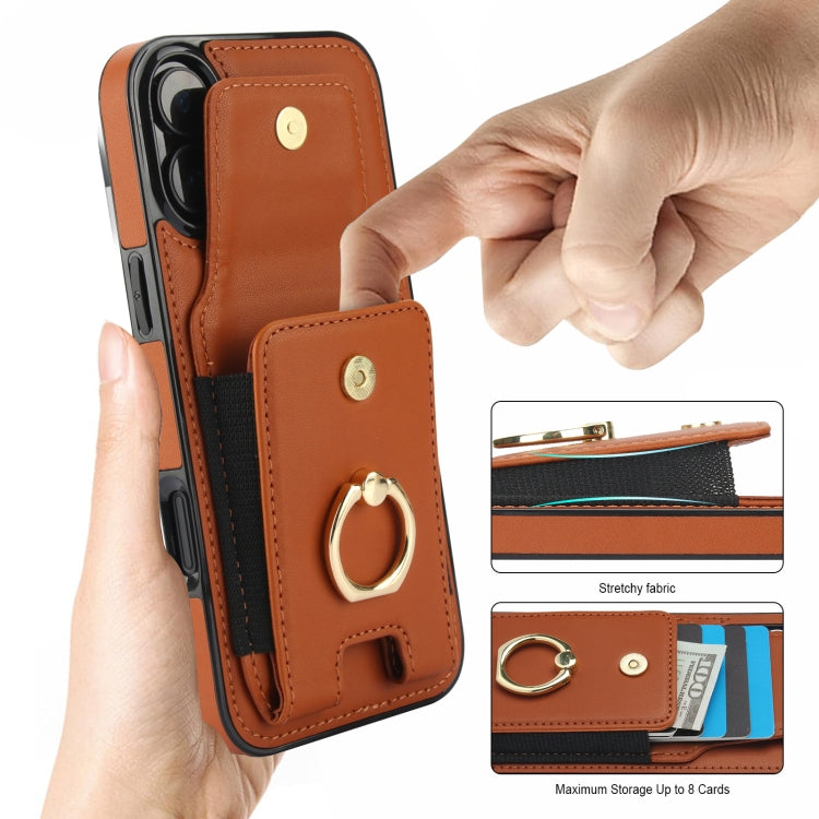 For iPhone 16 Elastic Card Bag Ring Holder Phone Case(Brown) - iPhone 16 Cases by buy2fix | Online Shopping UK | buy2fix