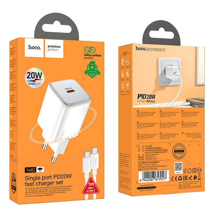 hoco N40 Mighty PD20W Single Type-C Port Charger with Type-C to Type-C Cable, EU Plug(White) - USB Charger by hoco | Online Shopping UK | buy2fix