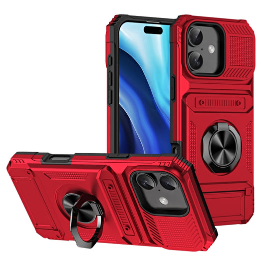 For iPhone 16 TPU+PC Shockproof Card Phone Case with Metal Ring Holder(Red) - iPhone 16 Cases by buy2fix | Online Shopping UK | buy2fix