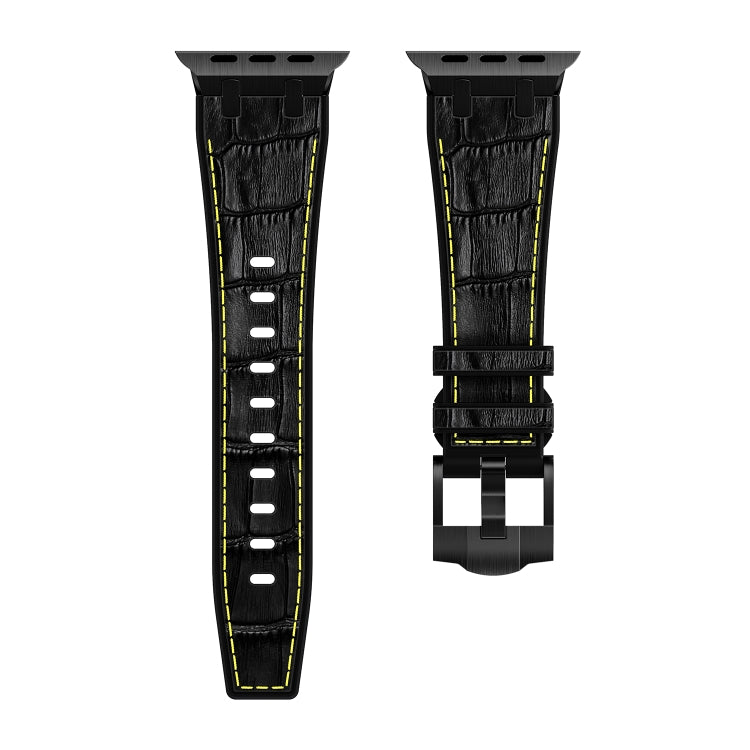 For Apple Watch Ultra 2 49mm Crocodile Texture Liquid Silicone Watch Band(Black Yellow Black) - Watch Bands by buy2fix | Online Shopping UK | buy2fix