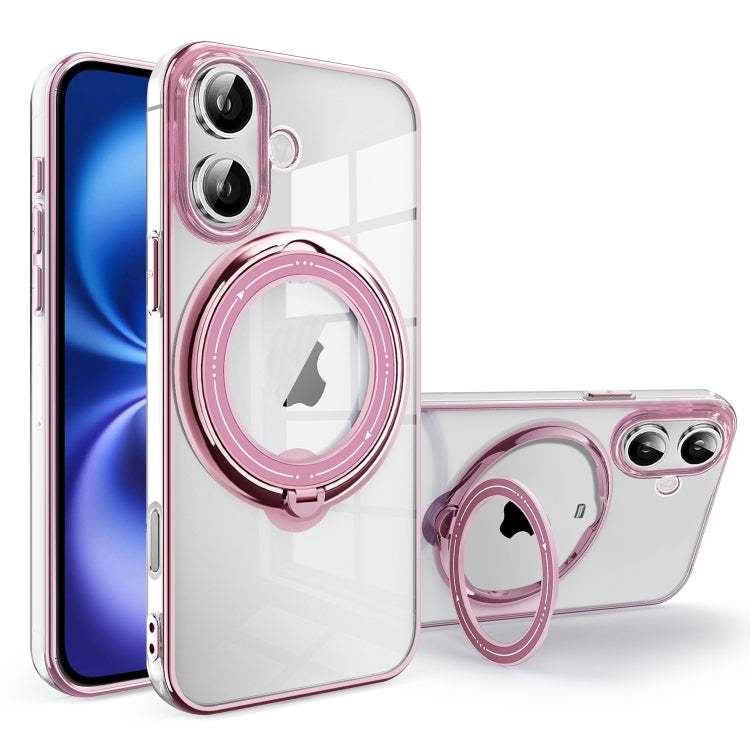 For iPhone 16 Plus Electroplating MagSafe 360 Degree Rotation Holder Shockproof Phone Case(Pink) - iPhone 16 Plus Cases by buy2fix | Online Shopping UK | buy2fix