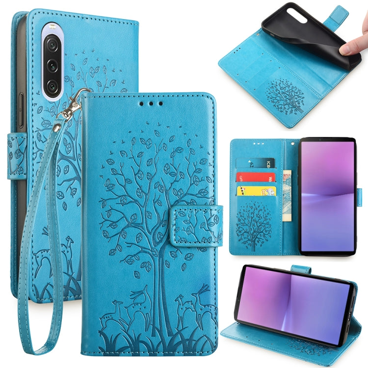 For Sony Xperia 10 V Tree & Deer Embossed Leather Phone Case(Blue) - Sony Cases by buy2fix | Online Shopping UK | buy2fix