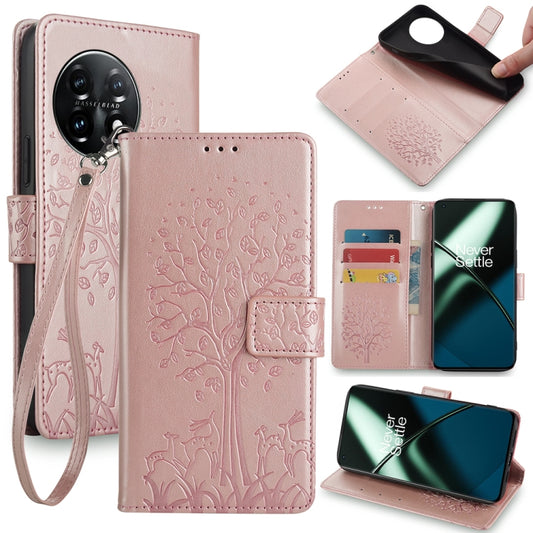 For OnePlus 11 Tree & Deer Embossed Leather Phone Case(Rose Gold) - OnePlus Cases by buy2fix | Online Shopping UK | buy2fix