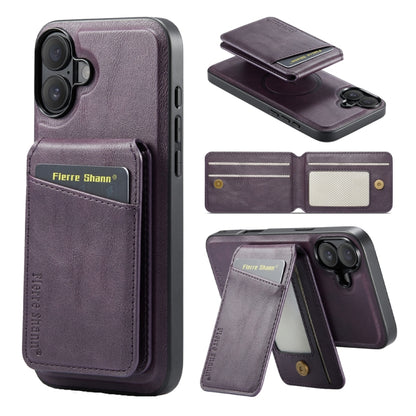 For iPhone 16 Fierre Shann Oil Wax Cow Leather Magnetic Card Holder Phone Case(Purple) - iPhone 16 Cases by FIERRE SHANN | Online Shopping UK | buy2fix