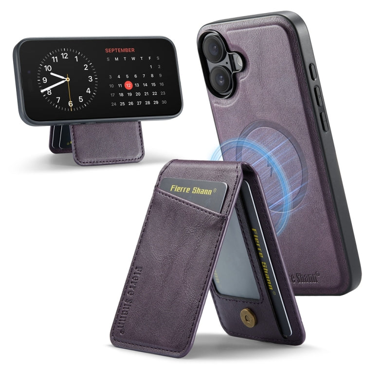 For iPhone 16 Fierre Shann Oil Wax Cow Leather Magnetic Card Holder Phone Case(Purple) - iPhone 16 Cases by FIERRE SHANN | Online Shopping UK | buy2fix