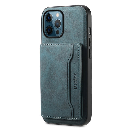 For iPhone 12 Pro Denior D13 Retro Texture Leather MagSafe Card Bag Phone Case(Blue) - iPhone 12 / 12 Pro Cases by Denior | Online Shopping UK | buy2fix