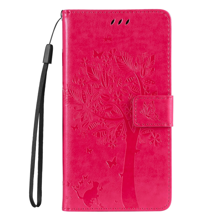 For iPhone 16 Plus Tree & Cat Embossed Pattern Flip Leather Phone Case(Rose Red) - iPhone 16 Plus Cases by buy2fix | Online Shopping UK | buy2fix