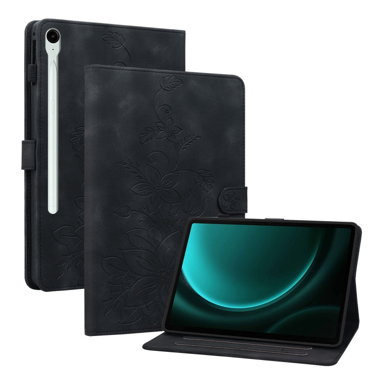 For Samsung Galaxy Tab S9 / S9 FE Lily Embossed Leather Tablet Case(Black) - Galaxy Tab S9 Cases by buy2fix | Online Shopping UK | buy2fix