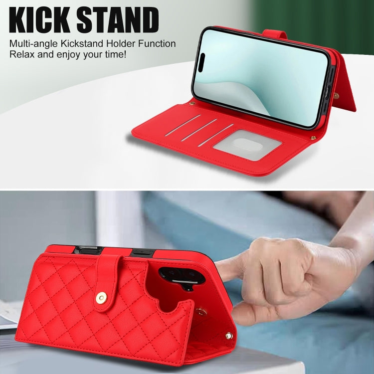 For iPhone 16 Crossbody Multifunction Rhombic Leather Phone Case(Red) - iPhone 16 Cases by buy2fix | Online Shopping UK | buy2fix