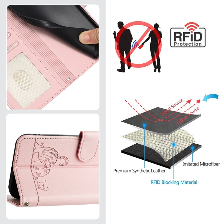 For Motorola Moto G Play 4G 2024 Global Cat Rat Embossed Pattern RFID Leather Phone Case with Lanyard(Pink) - Motorola Cases by buy2fix | Online Shopping UK | buy2fix