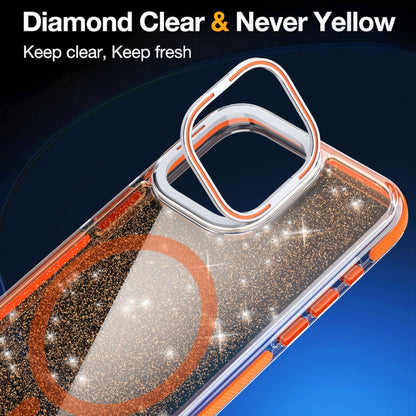 For iPhone 16 Pro Two-color Glitter Powder Lens Holder Magsafe Phone Case(Orange) - iPhone 16 Pro Cases by buy2fix | Online Shopping UK | buy2fix