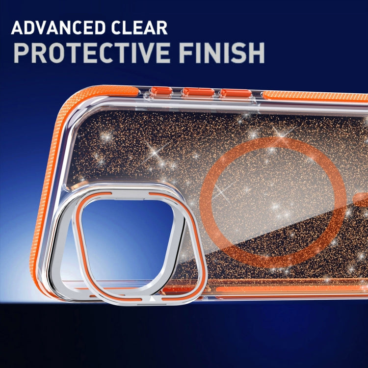 For iPhone 16 Pro Max Two-color Glitter Powder Lens Holder Magsafe Phone Case(Orange) - iPhone 16 Pro Max Cases by buy2fix | Online Shopping UK | buy2fix