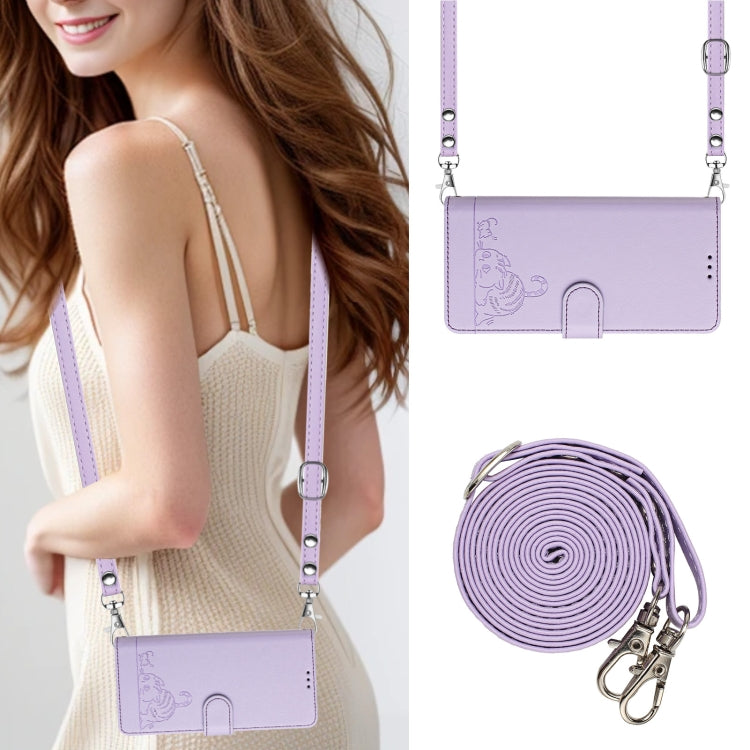 For OnePlus 12 5G Global Cat Rat Embossed Pattern RFID Leather Phone Case with Lanyard(Purple) - OnePlus Cases by buy2fix | Online Shopping UK | buy2fix