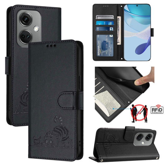 For OnePlus Nord CE3 5G India Cat Rat Embossed Pattern RFID Leather Phone Case with Lanyard(Black) - OnePlus Cases by buy2fix | Online Shopping UK | buy2fix