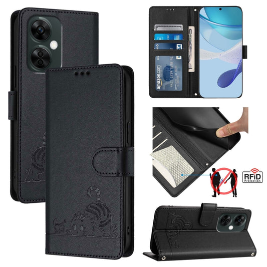 For OnePlus Nord N30 Cat Rat Embossed Pattern RFID Leather Phone Case with Lanyard(Black) - OnePlus Cases by buy2fix | Online Shopping UK | buy2fix