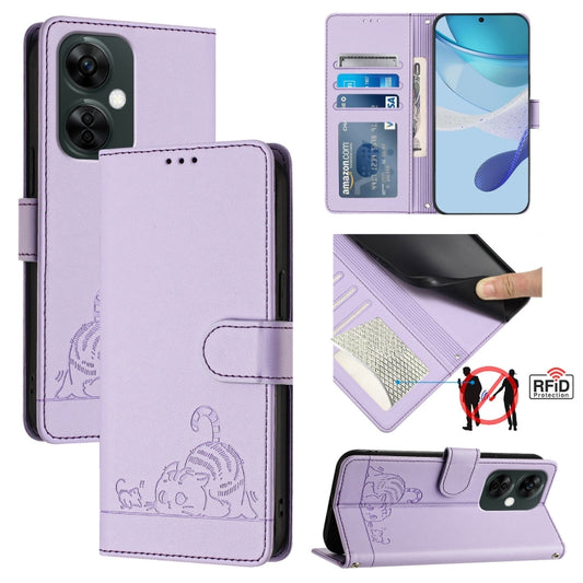 For OnePlus Nord N30 Cat Rat Embossed Pattern RFID Leather Phone Case with Lanyard(Purple) - OnePlus Cases by buy2fix | Online Shopping UK | buy2fix