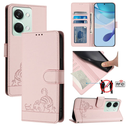 For OnePlus Ace 2V / Nord 3 Cat Rat Embossed Pattern RFID Leather Phone Case with Lanyard(Pink) - OnePlus Cases by buy2fix | Online Shopping UK | buy2fix