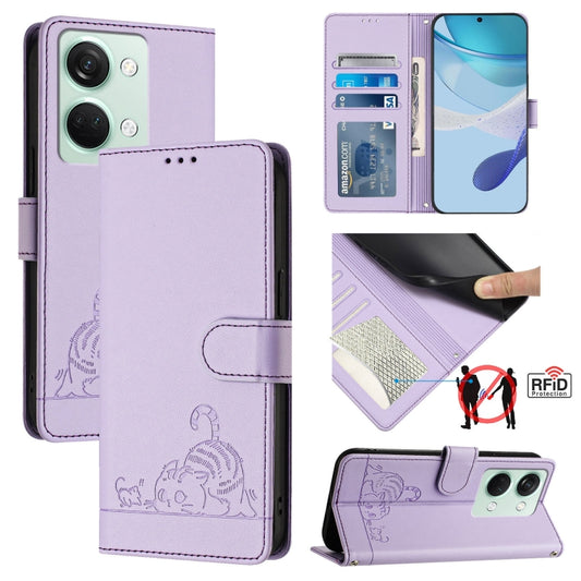 For OnePlus Ace 2V / Nord 3 Cat Rat Embossed Pattern RFID Leather Phone Case with Lanyard(Purple) - OnePlus Cases by buy2fix | Online Shopping UK | buy2fix