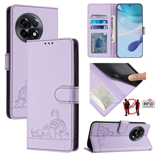 For OnePlus 11R 5G Global Cat Rat Embossed Pattern RFID Leather Phone Case with Lanyard(Purple) - OnePlus Cases by buy2fix | Online Shopping UK | buy2fix