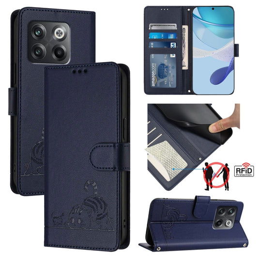 For OnePlus Ace Pro 5G Cat Rat Embossed Pattern RFID Leather Phone Case with Lanyard(Blue) - OnePlus Cases by buy2fix | Online Shopping UK | buy2fix