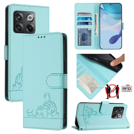 For OnePlus 10T 5G Global Cat Rat Embossed Pattern RFID Leather Phone Case with Lanyard(Mint Green) - OnePlus Cases by buy2fix | Online Shopping UK | buy2fix