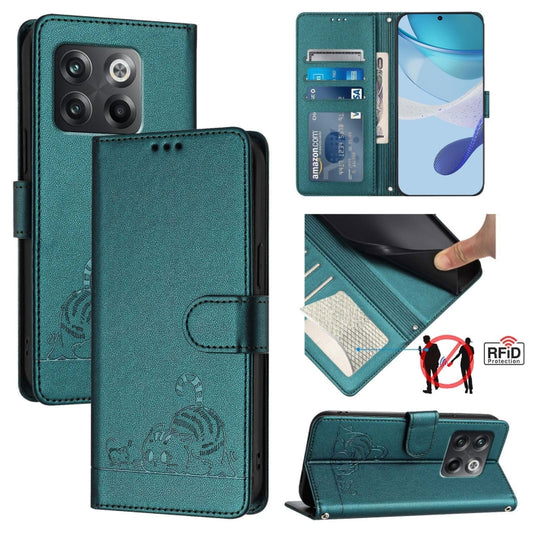 For OnePlus 10T 5G Global Cat Rat Embossed Pattern RFID Leather Phone Case with Lanyard(Peacock Green) - OnePlus Cases by buy2fix | Online Shopping UK | buy2fix