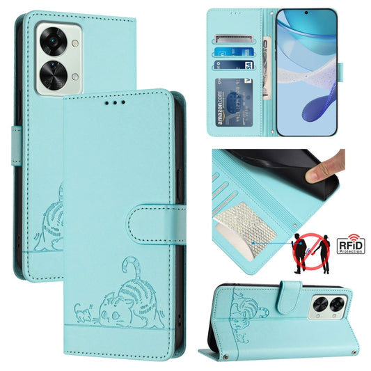 ForFor OnePlus Nord 2T Cat Rat Embossed Pattern RFID Leather Phone Case with Lanyard(Mint Green) - OnePlus Cases by buy2fix | Online Shopping UK | buy2fix