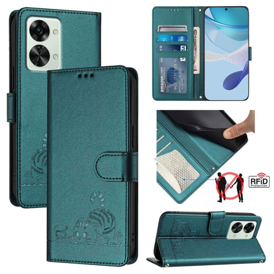 ForFor OnePlus Nord 2T Cat Rat Embossed Pattern RFID Leather Phone Case with Lanyard(Peacock Green) - OnePlus Cases by buy2fix | Online Shopping UK | buy2fix