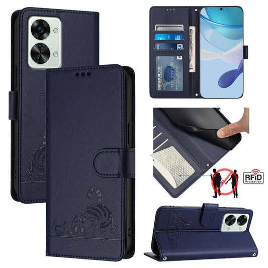 ForFor OnePlus Nord 2T Cat Rat Embossed Pattern RFID Leather Phone Case with Lanyard(Blue) - OnePlus Cases by buy2fix | Online Shopping UK | buy2fix