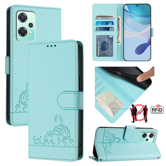 For OnePlus Nord CE 2 Lite Cat Rat Embossed Pattern RFID Leather Phone Case with Lanyard(Mint Green) - OnePlus Cases by buy2fix | Online Shopping UK | buy2fix