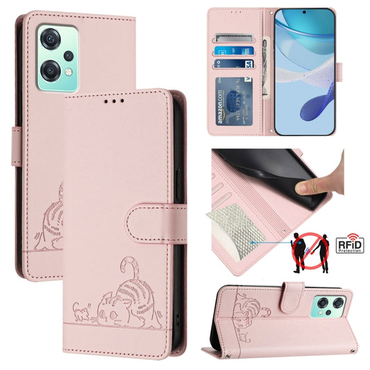 For OnePlus Nord CE 2 Lite Cat Rat Embossed Pattern RFID Leather Phone Case with Lanyard(Pink) - OnePlus Cases by buy2fix | Online Shopping UK | buy2fix