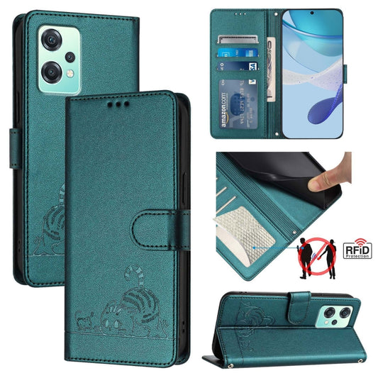 For OnePlus Nord CE 2 Lite Cat Rat Embossed Pattern RFID Leather Phone Case with Lanyard(Peacock Green) - OnePlus Cases by buy2fix | Online Shopping UK | buy2fix