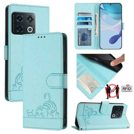 For OnePlus 10 Pro 5G Cat Rat Embossed Pattern RFID Leather Phone Case with Lanyard(Mint Green) - OnePlus Cases by buy2fix | Online Shopping UK | buy2fix