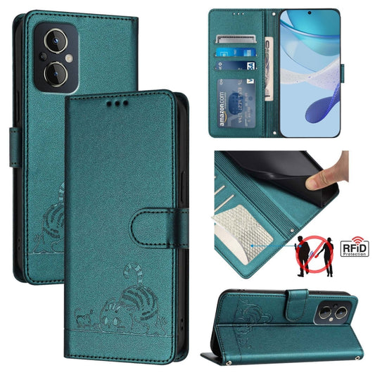 For OnePlus Nord N20 5G Cat Rat Embossed Pattern RFID Leather Phone Case with Lanyard(Peacock Green) - OnePlus Cases by buy2fix | Online Shopping UK | buy2fix