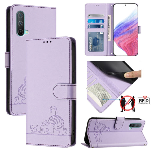 For OnePlus Nord CE 5G Cat Rat Embossed Pattern RFID Leather Phone Case with Lanyard(Purple) - OnePlus Cases by buy2fix | Online Shopping UK | buy2fix