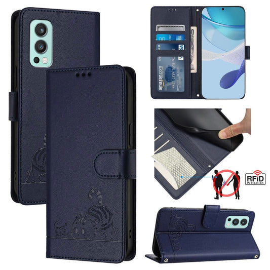 For OnePlus Nord 2 Cat Rat Embossed Pattern RFID Leather Phone Case with Lanyard(Blue) - OnePlus Cases by buy2fix | Online Shopping UK | buy2fix