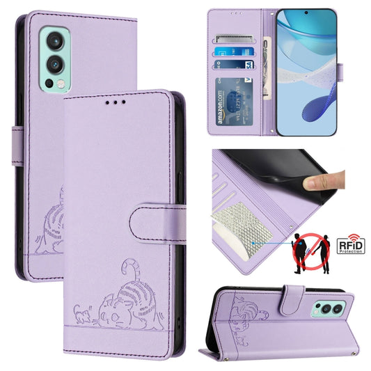 For OnePlus Nord 2 Cat Rat Embossed Pattern RFID Leather Phone Case with Lanyard(Purple) - OnePlus Cases by buy2fix | Online Shopping UK | buy2fix