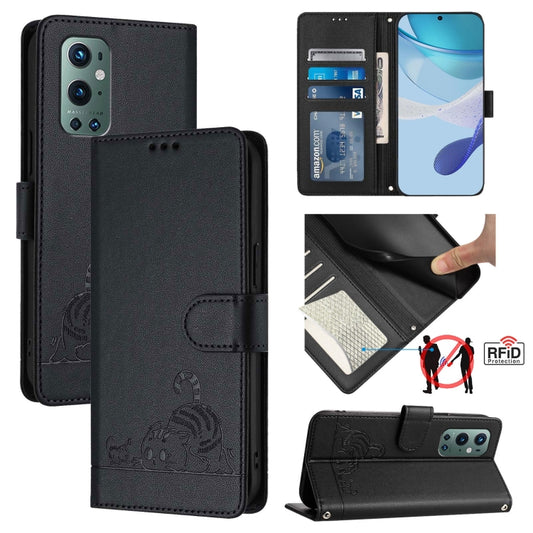 For OnePlus 9 Pro Cat Rat Embossed Pattern RFID Leather Phone Case with Lanyard(Black) - OnePlus Cases by buy2fix | Online Shopping UK | buy2fix