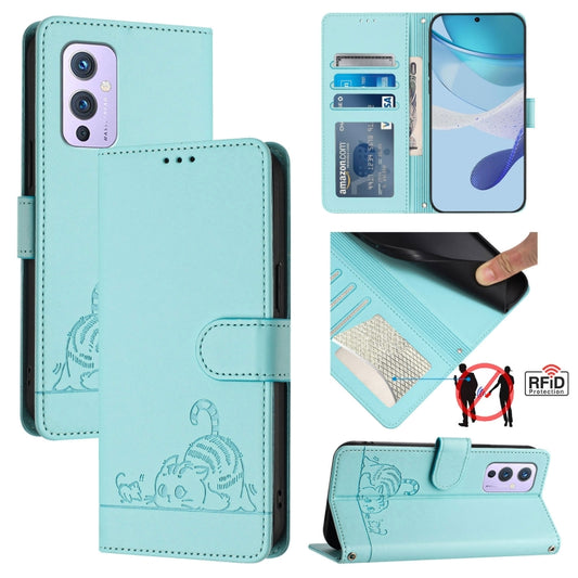 For OnePlus 9 Cat Rat Embossed Pattern RFID Leather Phone Case with Lanyard(Mint Green) - OnePlus Cases by buy2fix | Online Shopping UK | buy2fix