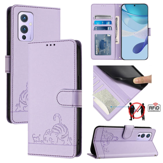 For OnePlus 9 Cat Rat Embossed Pattern RFID Leather Phone Case with Lanyard(Purple) - OnePlus Cases by buy2fix | Online Shopping UK | buy2fix