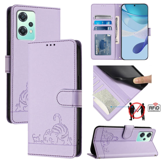 For OnePlus Nord 2 Lite Cat Rat Embossed Pattern RFID Leather Phone Case with Lanyard(Purple) - OnePlus Cases by buy2fix | Online Shopping UK | buy2fix