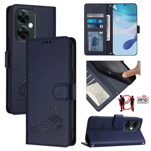 For OnePlus Nord CE 3 Lite 5G Cat Rat Embossed Pattern RFID Leather Phone Case with Lanyard(Blue) - OnePlus Cases by buy2fix | Online Shopping UK | buy2fix