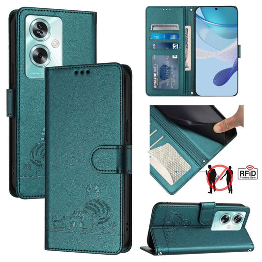 For OnePlus Nord N30 SE 5G Cat Rat Embossed Pattern RFID Leather Phone Case with Lanyard(Peacock Green) - OnePlus Cases by buy2fix | Online Shopping UK | buy2fix