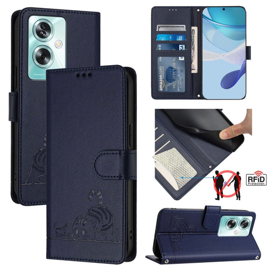 For OnePlus Nord N30 SE 5G Cat Rat Embossed Pattern RFID Leather Phone Case with Lanyard(Blue) - OnePlus Cases by buy2fix | Online Shopping UK | buy2fix