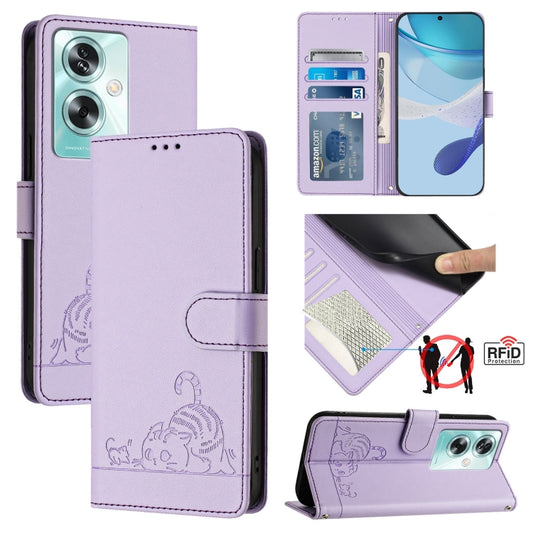 For OnePlus Nord N30 SE 5G Cat Rat Embossed Pattern RFID Leather Phone Case with Lanyard(Purple) - OnePlus Cases by buy2fix | Online Shopping UK | buy2fix