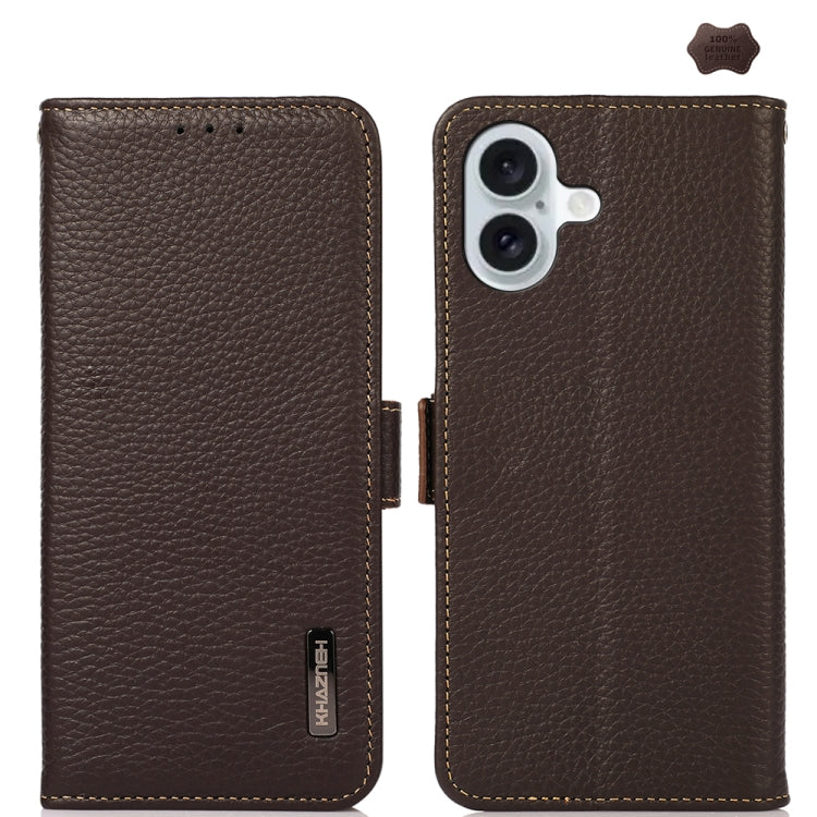 For iPhone 16 Plus KHAZNEH Side-Magnetic Litchi Genuine Leather RFID Case(Brown) - iPhone 16 Plus Cases by buy2fix | Online Shopping UK | buy2fix